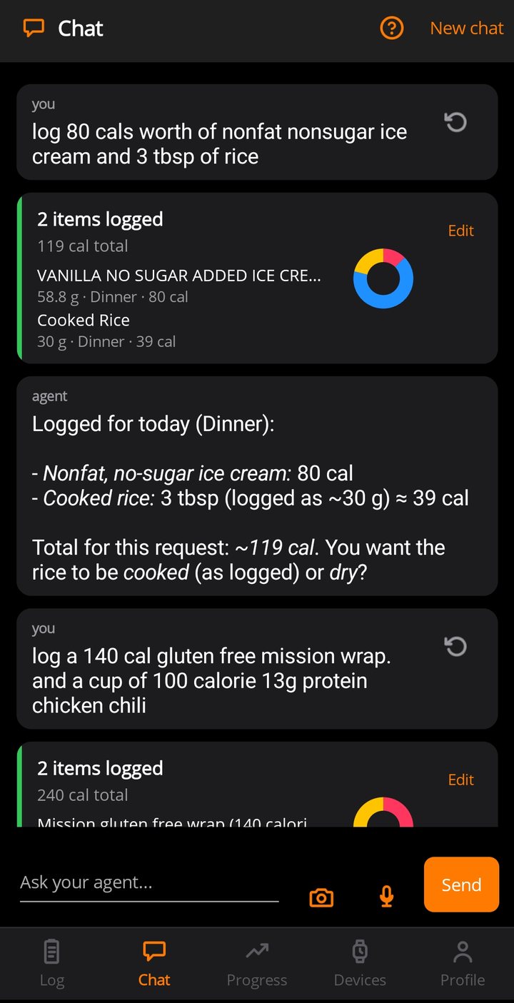 Metrify chat turning a typed sentence into two logged food entries with calories, grams, and a macro donut