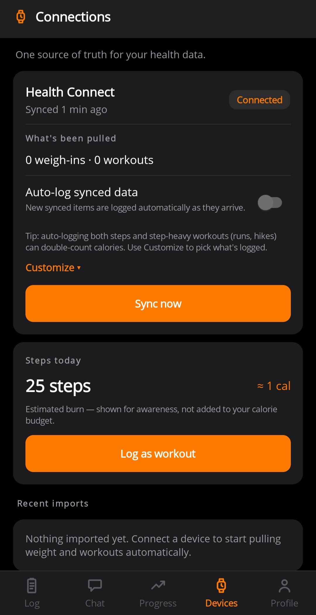 Connections screen syncing weight, workouts, and steps from Health Connect