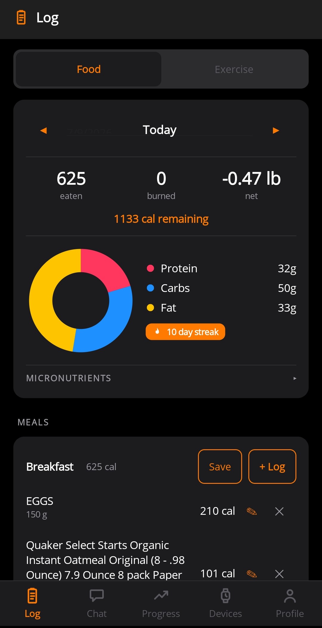 Metrify Log screen showing a day of meals, calories, and macros — all stored on the device